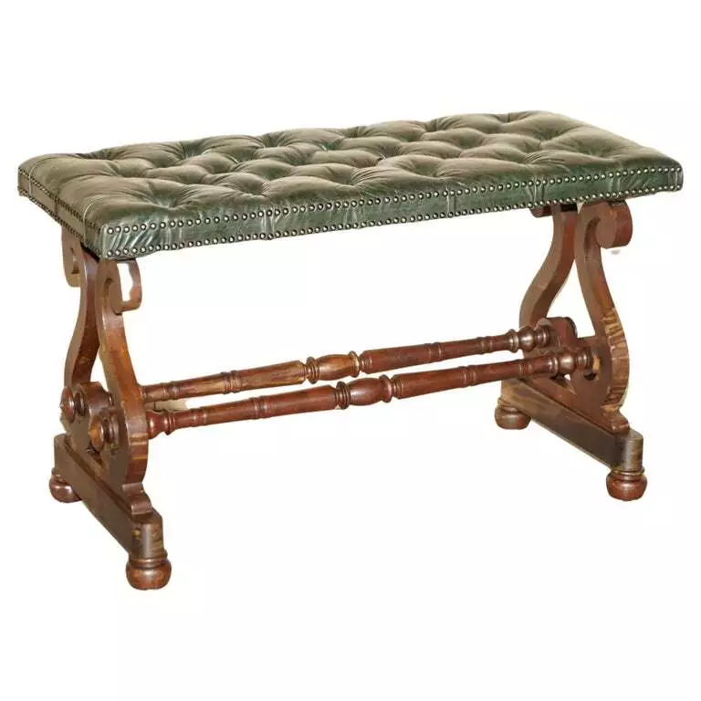 Antique Victorian Heritage Green Leather Chesterfield Tufted Bench Footstool