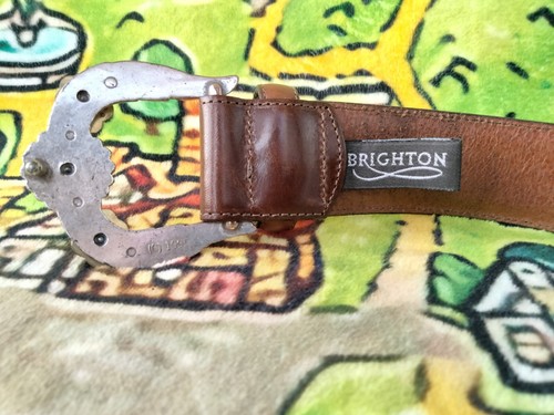 BRIGHTON Brown Leather Belt Silver Rose Buckle 1995- 28"-32" (Size 6-11) - NICE! - Picture 8 of 11