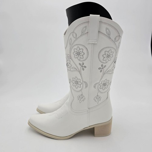 Lisemous Point Toe Cowboy Boots Women's 7.5 White Embroidered Cowgirl Fashion - Picture 3 of 8
