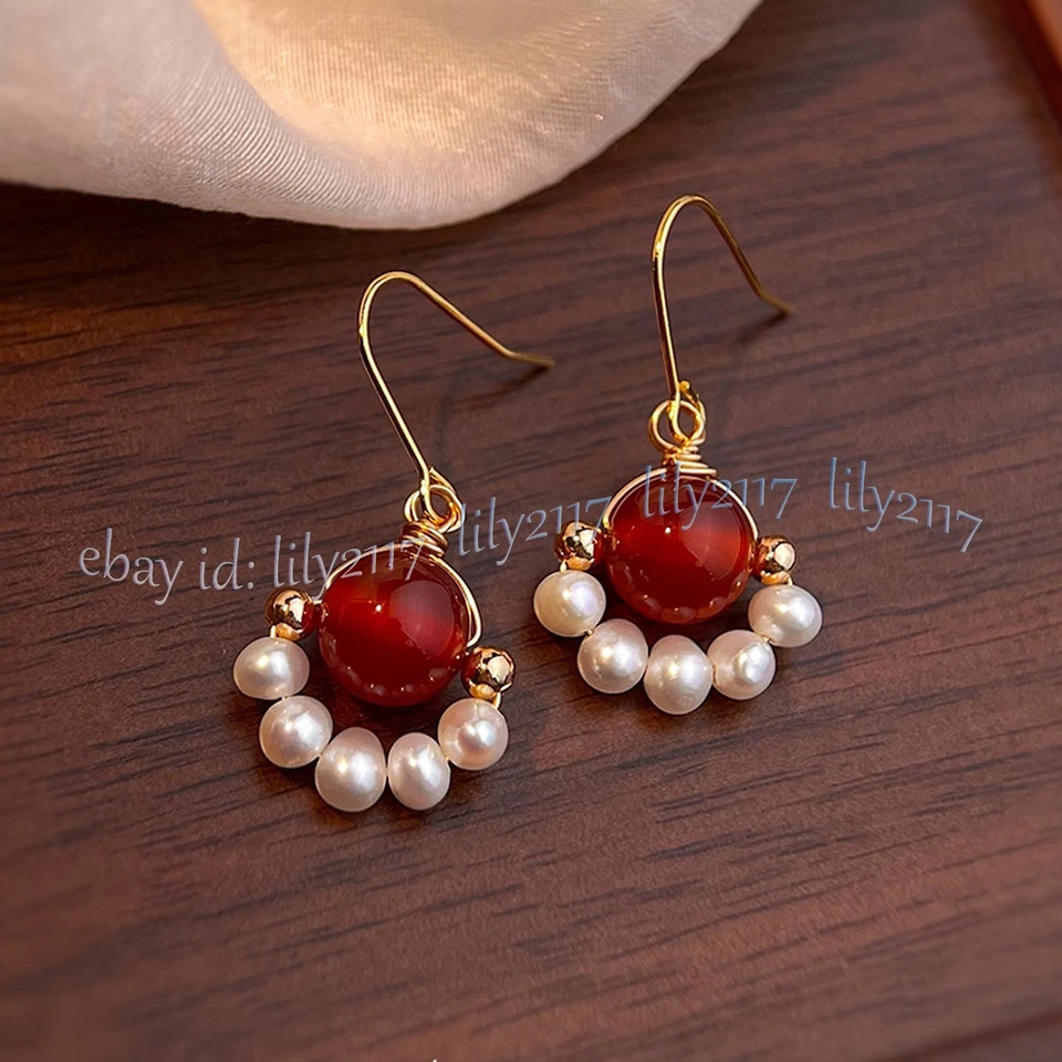 Natural White Freshwater Pearl Red Agate Round Gems Beads Dangle Hook Earrings - Image 2 of 4