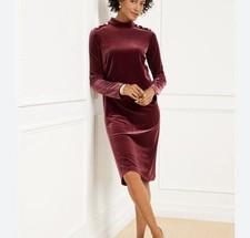 Talbots Women's Velvet Button Shift Dress Long Sleeve Red Knee Length Small New