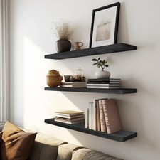 Floating Shelves 16 Inch Solid Rustic Wood Wall Mounted Ledge Black 3 PCS