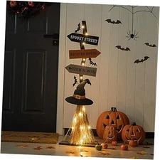 Glitzhome Farmhouse Lighted Wood's Broom Porch Sign with Base, 42" H Witch