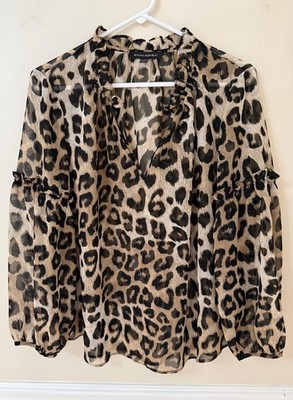 Banana Republic Leopard Print Sheer V-Neck Blouse in Tan and Black Size Medium
