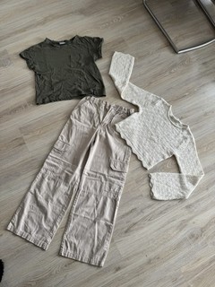 Cargohose Häkelpulli T Shirt Mädchen 164 Grün Beige Top Zustand