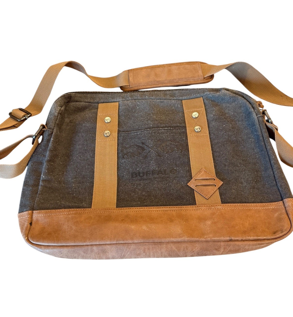 Buffalo David Bitton Messenger Laptop Tote Bag Canvas Leather Gray & Brown