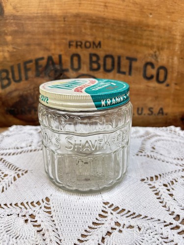 Vintage Kranks's Brushless Shave Kreem Clear Empty Glass Barber Jar USA Teal - Picture 2 of 4