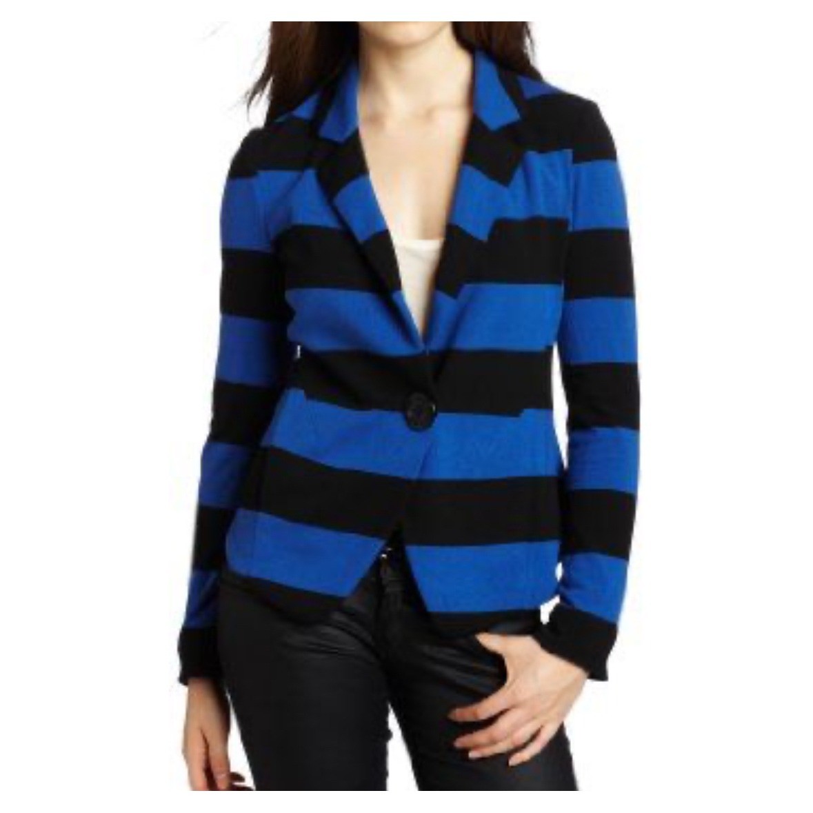 Bailey 44 Women's Black & Blue Striped Knit Blazer Jacket Made in USA Size M