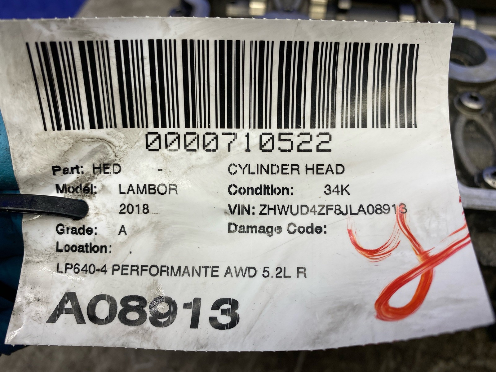 LAMBORGHINI HURACAN LP640-4 PERFORMANTE RIGHT SIDE ENGINE MOTOR CRANKSHAFT HEAD