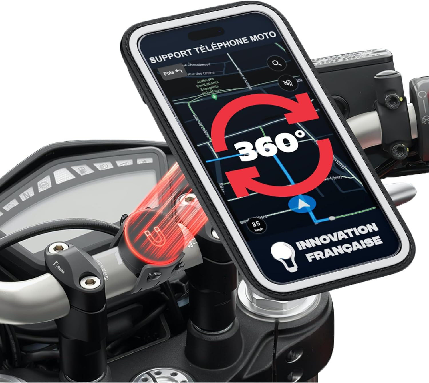 Support téléphone moto magnétique étanche avec absorbeur de vibrations en carbone 5,5 pouces