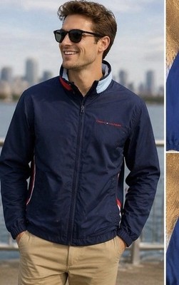 Tommy Hilfiger Jacket Mens Large Navy Windbreaker Red White Logo Coat