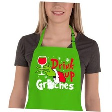 Funny Christmas Baking Apron for Women Men, Holiday Kitchen Cooking Drink Up