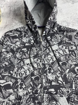 NO FEAR Rap Overprint Medium Hip Hop Monogram Gray Skulls Zip