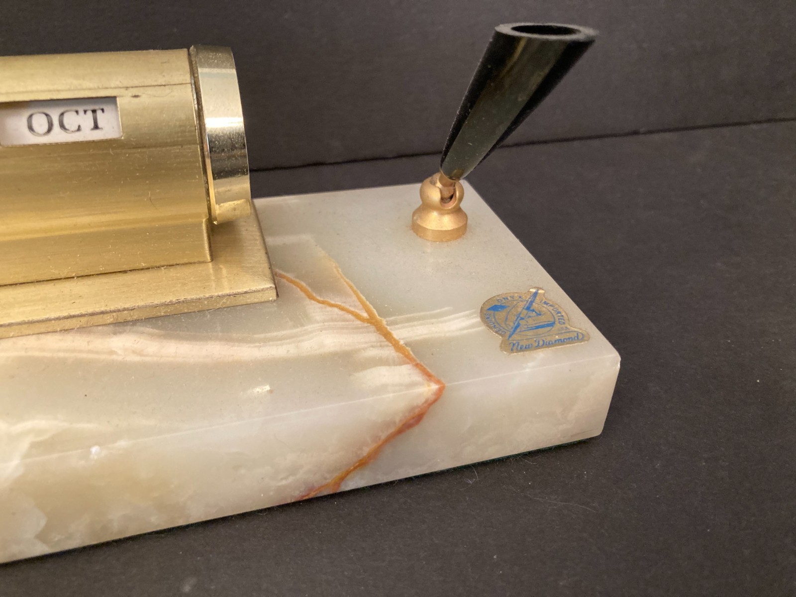 Vintage New Diamond Onyx Marble Desk Set Fountain Pen Holder Calendar MCM