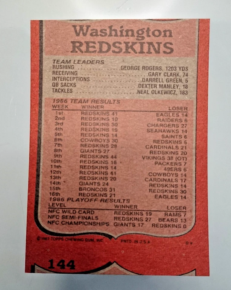 Topps Vintage 80's NFL #63 Washington Redskins Team Card rare ERROR Miscut - Image 2 of 4