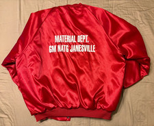 80s West Ark red satin baseball jacket, GM Janesville Materials Dept., size L