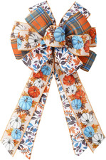 Fall Wreath Bow Orange Blue Pumpkin Maple Leaves Fabric Ribbon Bow for Autumn Th