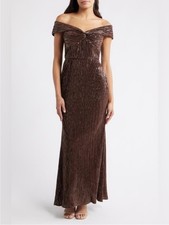 Eliza J Sequin Twist Off The Shoulder Formal Dress Size 8 Chocolate Brown NWOT