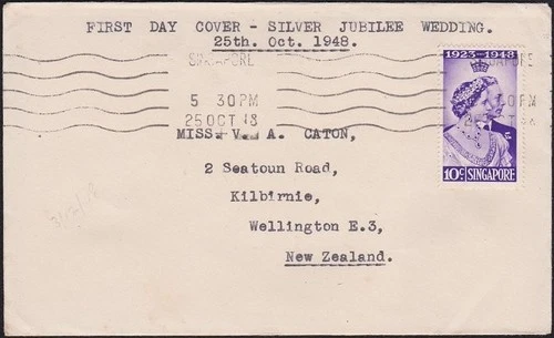 SINGAPORE  1948 Silver Wedding 10c on FDC to New Zealand...................D8648