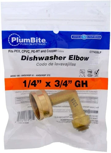 J.STEPHENS 1/4" X 3/4" GH PlumBite Push On Fittings Dishwasher 90° Elbow C77433L - Picture 1 of 4