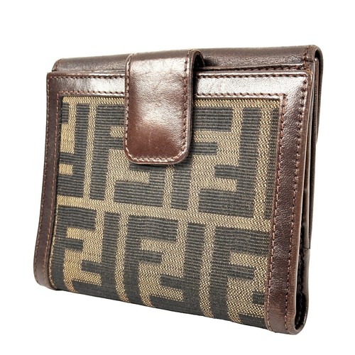 Vintage Fendi Brown FF Pecan Pequin Stripe & Leather Bi-fold Long