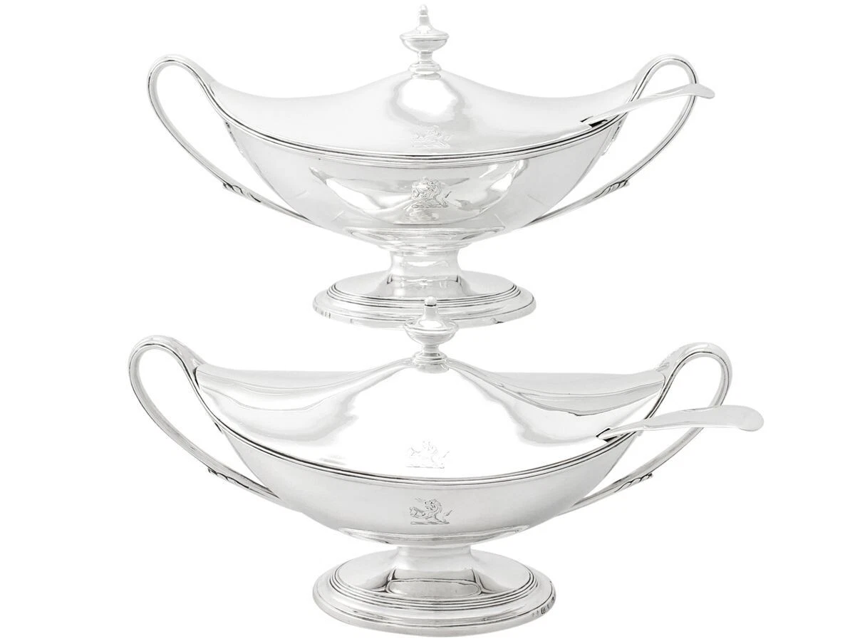 Antique George III Sterling Silver Sauce Tureens with Ladles, Adams Style