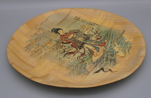 Vintage Asian Lo River Goddess Bamboo Plate Serving Tray Water Geisha 12" Round - Picture 8 of 13