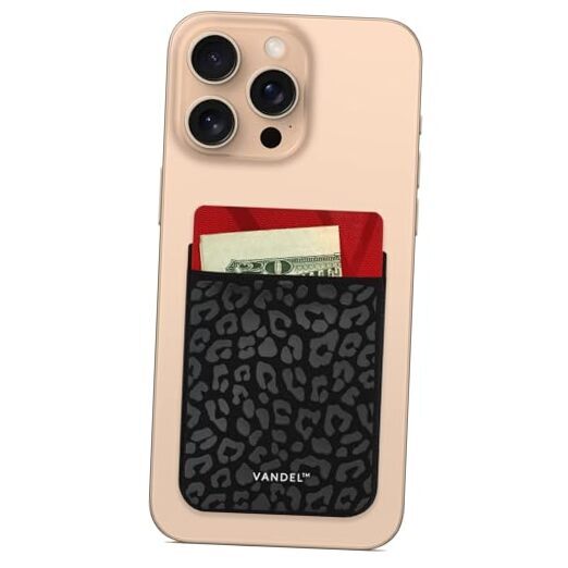 VANDEL Pocket – Stick-On Fabric Phone Wallet Stick On for Women, Black Leopard