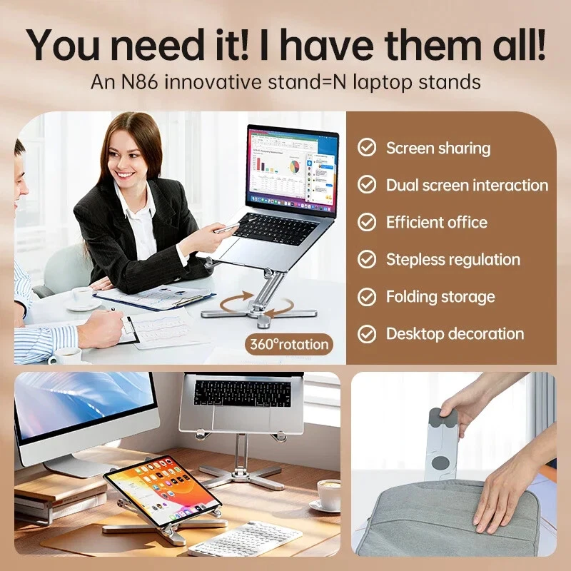360° Rotating Metal Laptop Stand with Height Adjustable Riser Holder