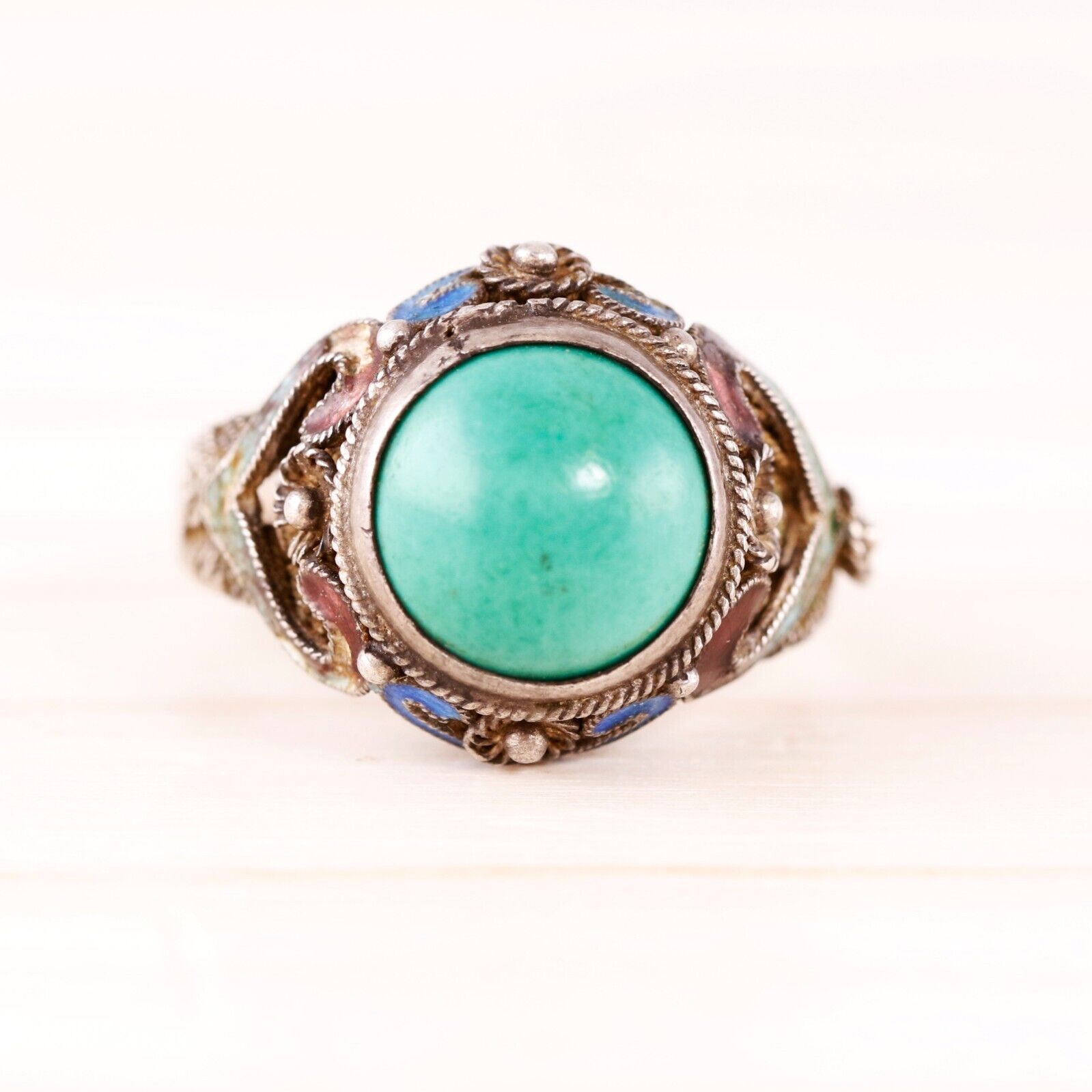 ANTIQUE CHINESE EXPORT SILVER TURQUOISE ENAMEL AD… - image 1