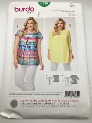 Burda 6550 Women's Pleated Tunic Shirt Top Sewing Patterns Plus Size 20 ...