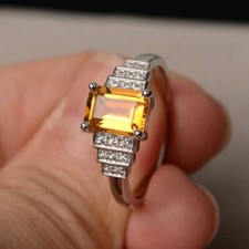 2ct Yellow Citrine  Diamond Accent Solitaire Birthday Ring 14k SOLID White Gold