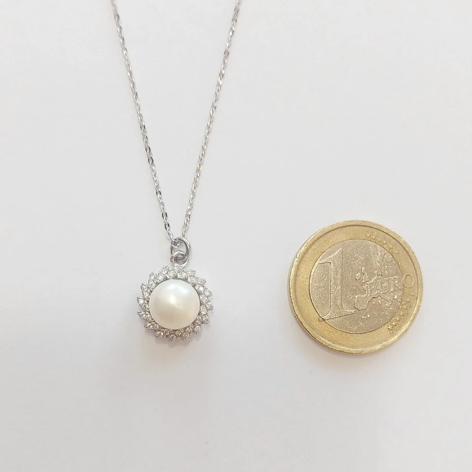 Collana donna argento 925 rodio bianco ciondolo pendente perla zirconi brillanti - Immagine 3 di 4
