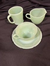 JADITE FIRE KING ALICE CUP & SAUCER, RIBBED FIRE KING CREAMER, D HANDLE MUG LOT