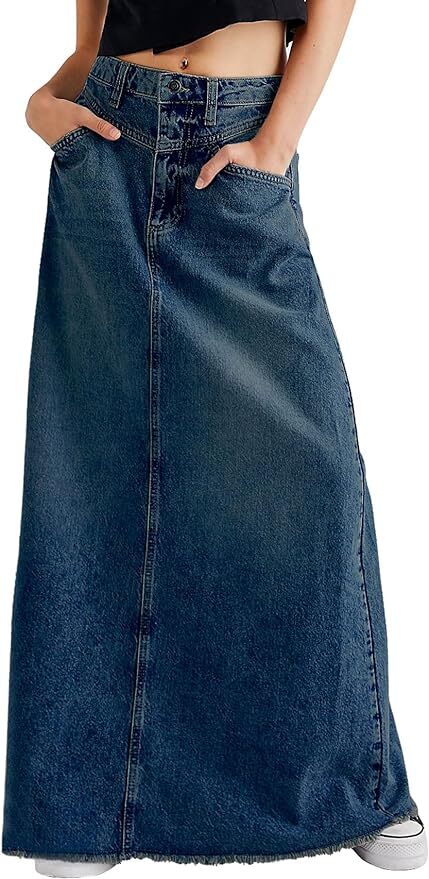Women Retro Denim Maxi Skirt Frayed Raw Hem High Waist A-Line Long Jean Skirt
