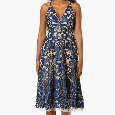 Dress the Population Women's Blair Plunging Fit and Flare Midi Dress Sz M |  eBay
