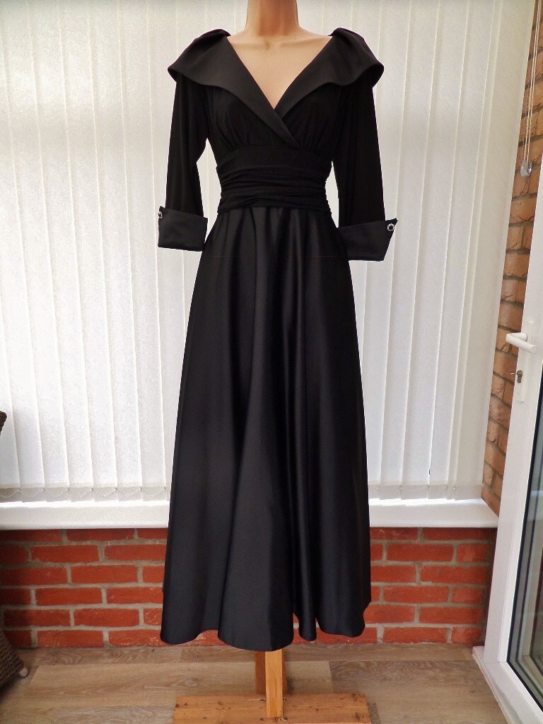 ELIZA J BLACK SATIN JERSEY NEW YORK STYLE 50'S FLARE MAXI DRESS 10
