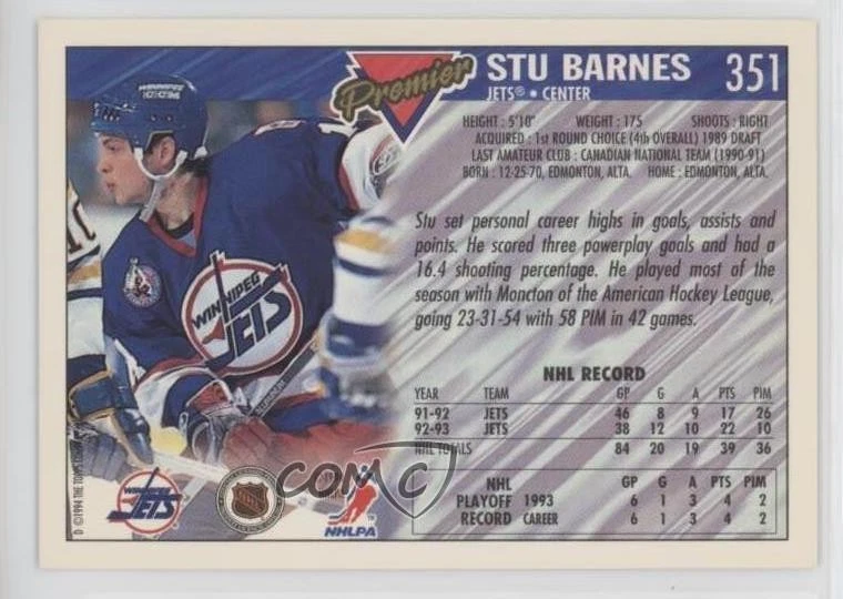 1993-94 O-Pee-Chee Premier Gold Stu Barnes #351 - Image 2 of 2