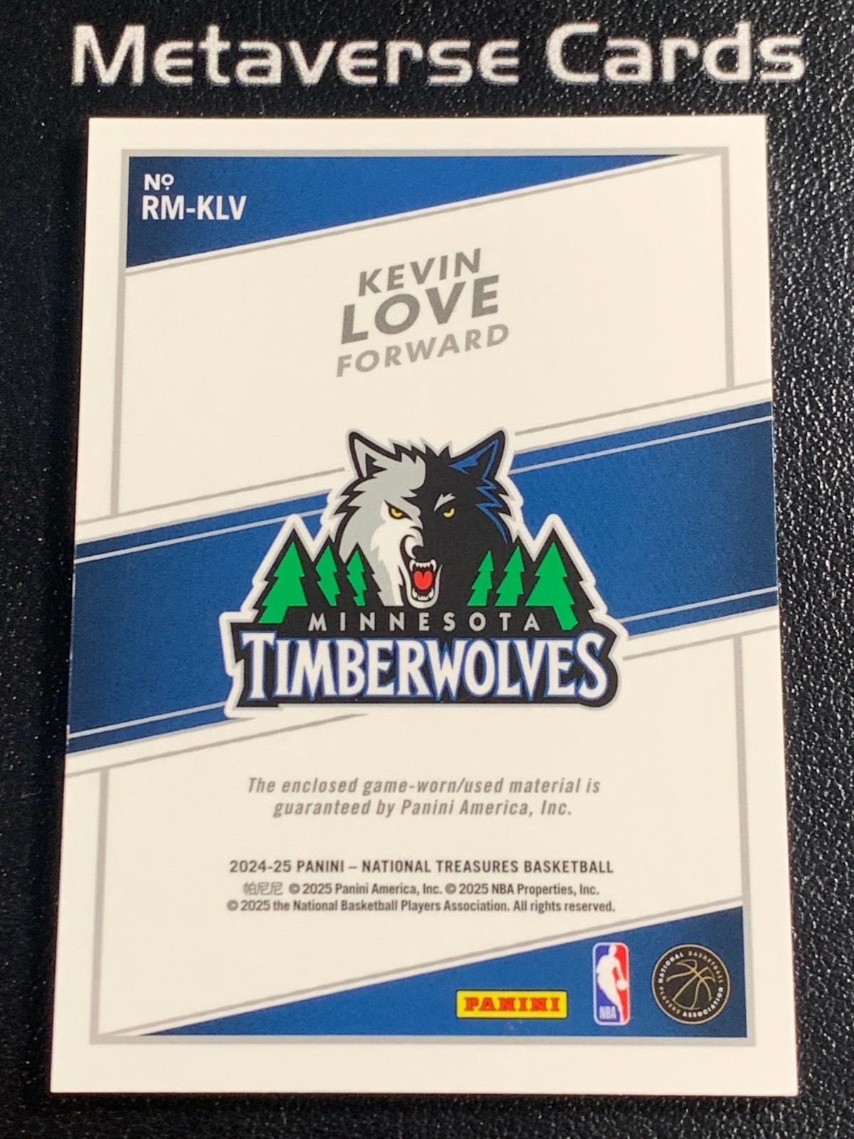 2024-25 Panini National Treasures Kevin Love Retro Materials Patch Platinum 1/1 view 2