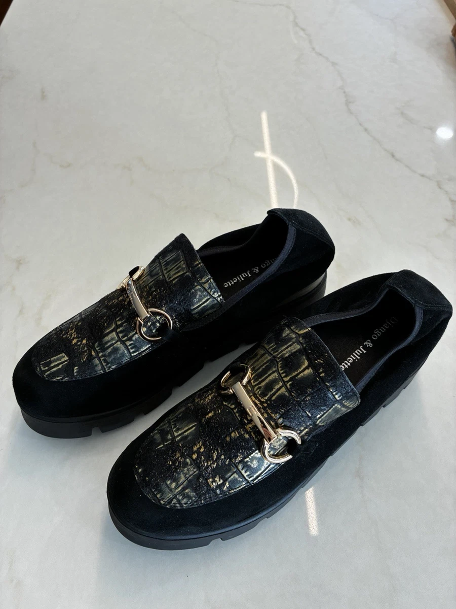 Django & Juliette Rhodes Black Suede Chunky Platform Loafers Gold Horsebit Sz 37