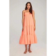 Saltwater Luxe Sorento Midi dress Neon Coral Smocked Tiered Womens Medium Boho