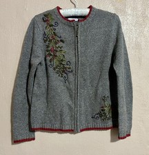 Croft  Barrow Women's Zip Up Christmas Knit Embroidered Sweater Cardigan SZ PM