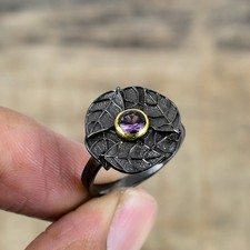 Purple Amethyst Black And Gold Plated 925 Sterling Silver Ring S.9 R87237