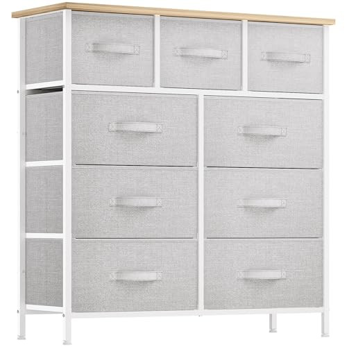 9 Drawer Dresser, Light Gray Fabric Storage Tower, Tall Organizer Unit for