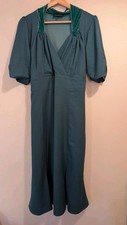 NANCY MAC Vintage DECO 30’s Teal Green Crepe Midi Dress 5 16 18 Designer