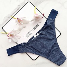 PINK Victoria's Secret Logo Cotton Shine Smooth High-Leg Thong Panty Dark Blue