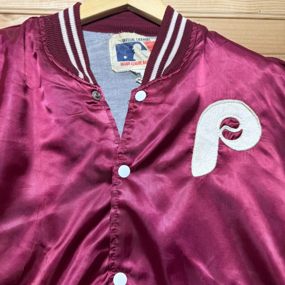 Vintage 80s Philadelphia Phillies MLB Full Button Satin Bomber Jacket Size Large - Image 2 of 4