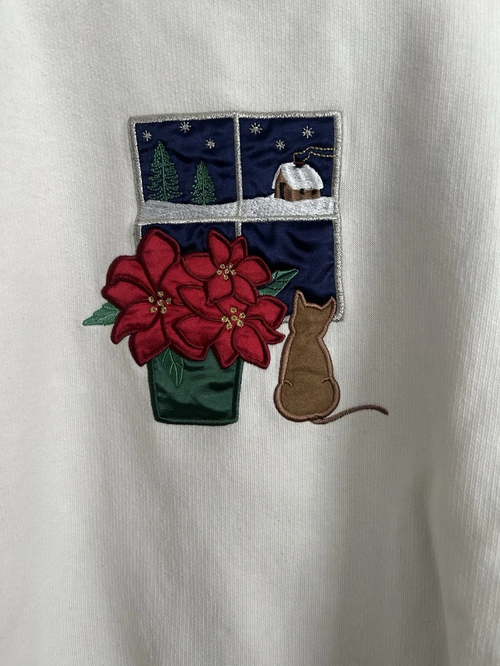 Moletom de Natal vintage gatinhos gato suéter tamanho M bordado Poinsetta - Imagem 2 de 4