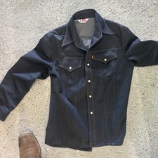 Vintage LEVI'S Dark Blue Denim Shirt Orange Tab USA Pearl Snap Sz M Amazing Co