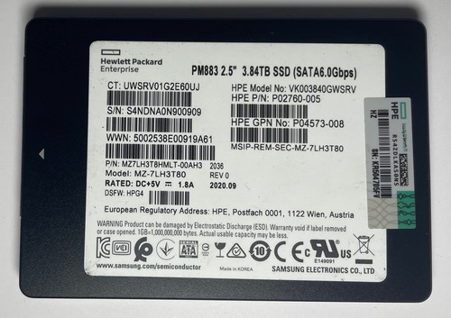 Samsung/HPE PM883 3,84TB SATA SSD 92% Health Rated 0,8DWPD ~4TB
